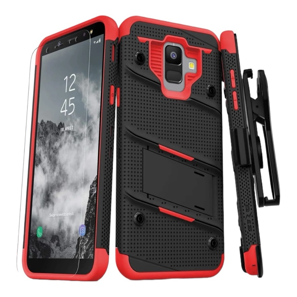 ZIZO Bolt Samsung Galaxy A6 Holster Case with Tempered Glass. Kickstand & Lanyar
